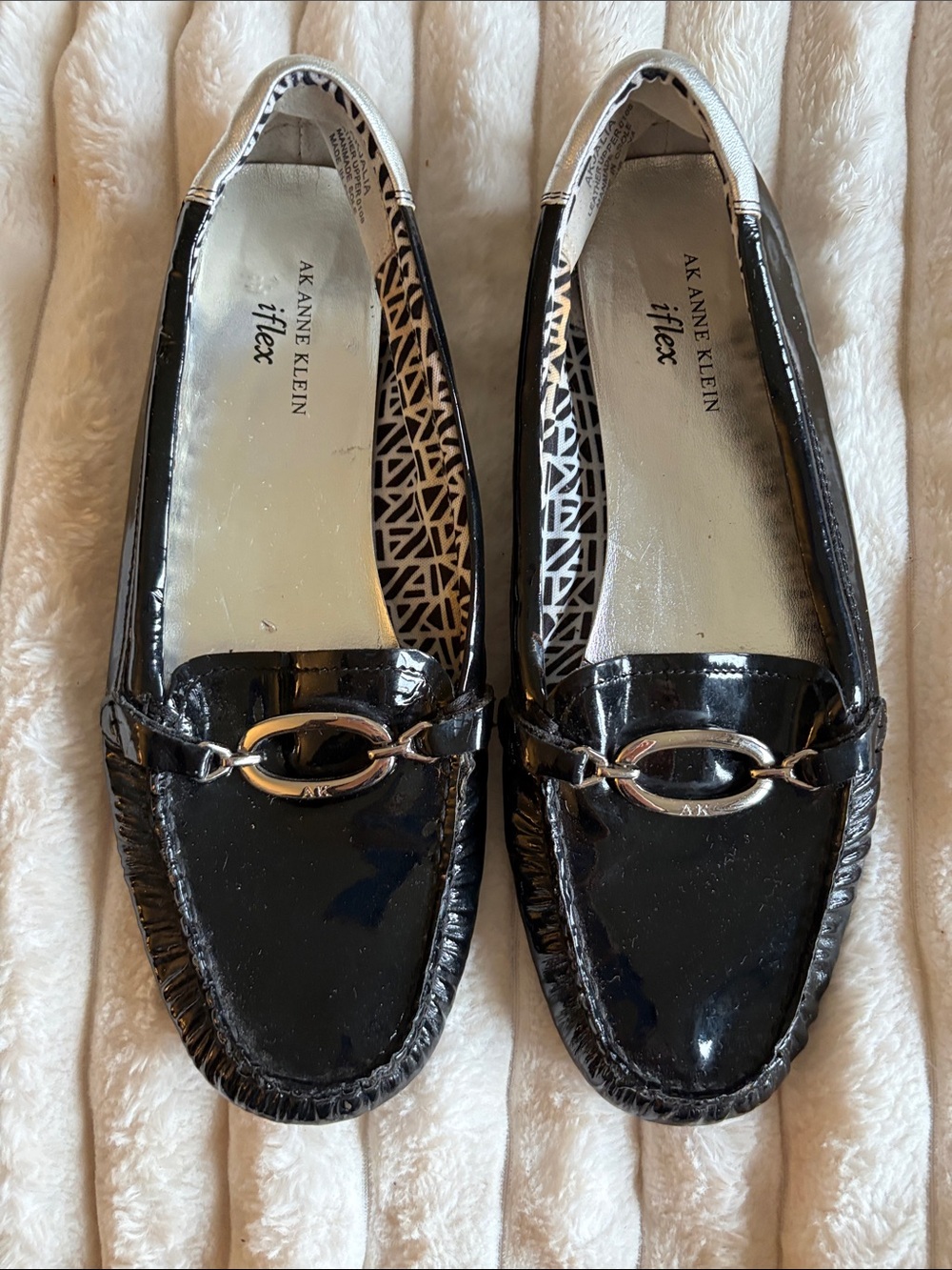 Anne Klein Black Patent Loafers with Silver Accent